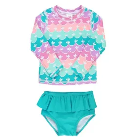 Girls RuffleButts Infant Toddler Skirted Long Sleeve Rash Guard Bikini -Mermaid