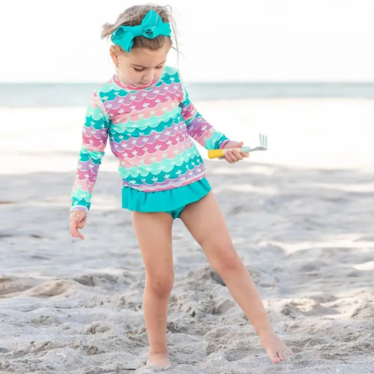 Girls RuffleButts Infant Toddler Skirted Long Sleeve Rash Guard Bikini -Mermaid