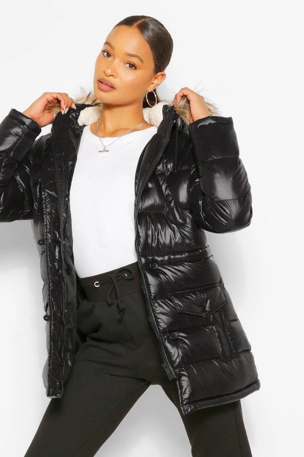 High Shine Faux Fur Trim Parka