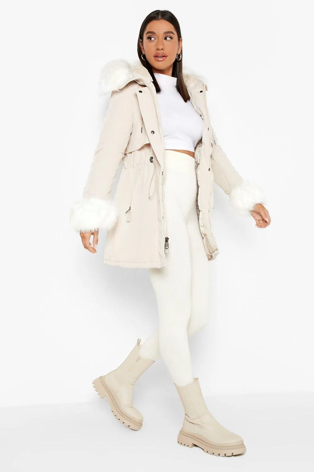 Hooded Faux Fur Trim Parka Coat