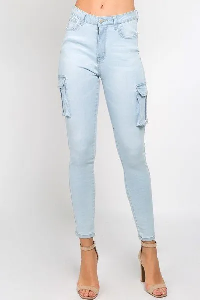 Ladies Light Blue High Waist Skinny Jeans With Cargo Pockets