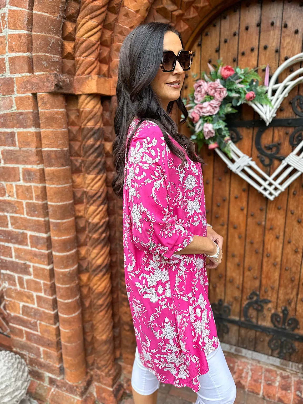 Lipstick Pink Botanical Print Blouse Sasha