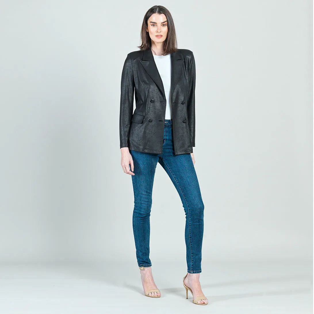 Liquid Leather Double Breasted Blazer - Black