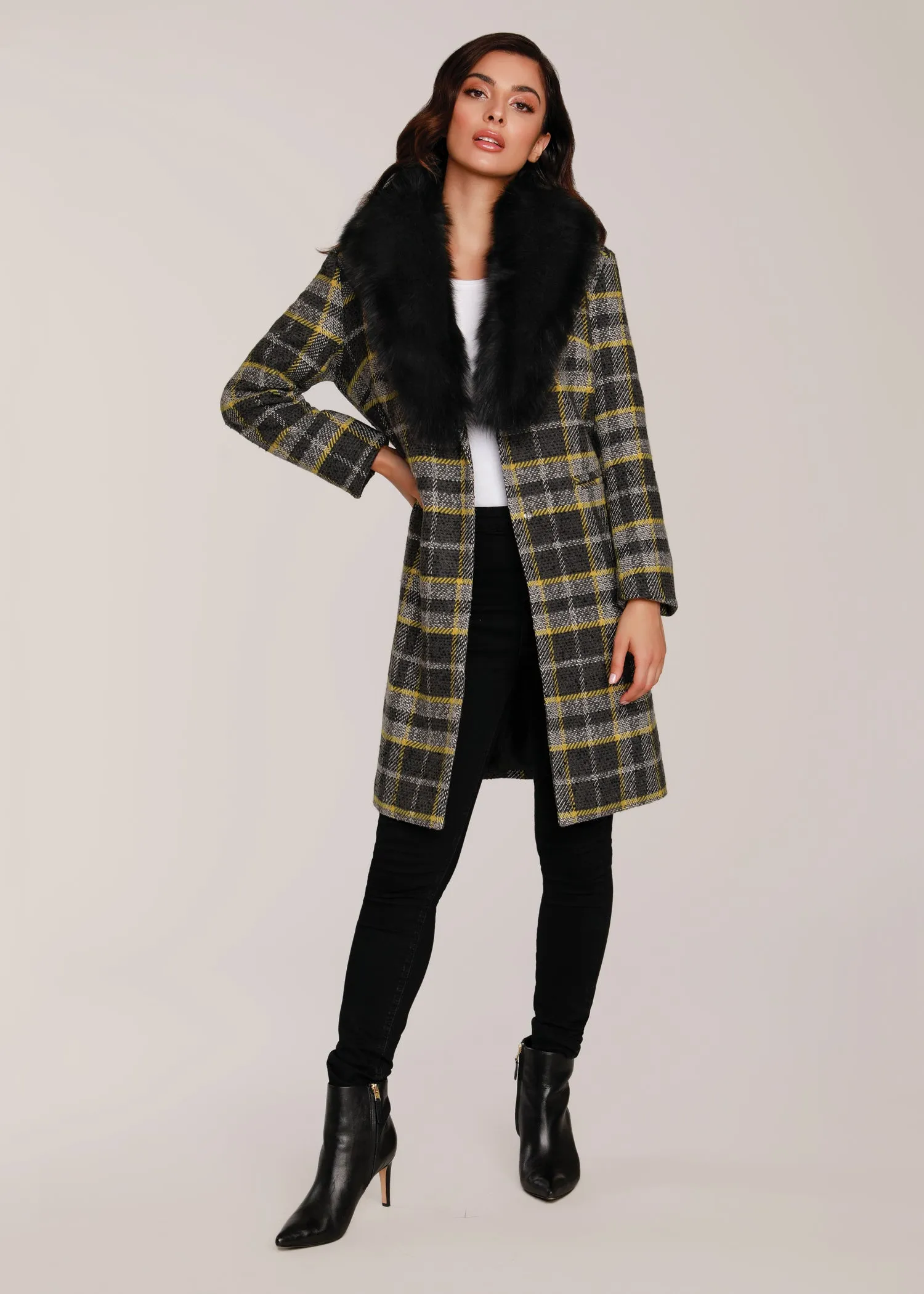 Long Plaid Coat with Detachable Fur Collar