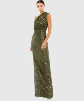 Mac Duggal Sequined Ruched One Shoulder Maxi Gown