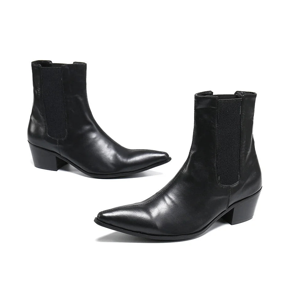 Men's Black Genuine Leather Pointed Toe 7cm High Heels Ankle Knight Boots