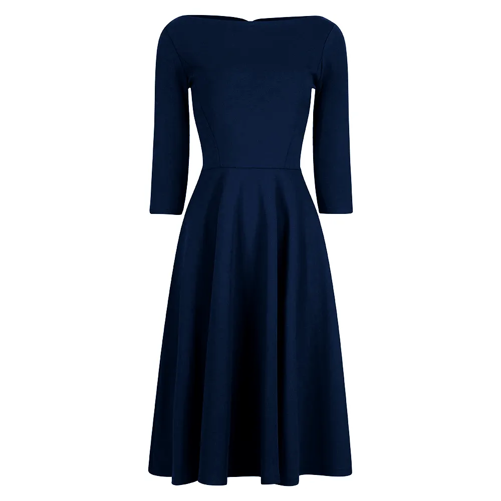 Navy Blue Audrey 1950s Style 3/4 Sleeve Swing Dress