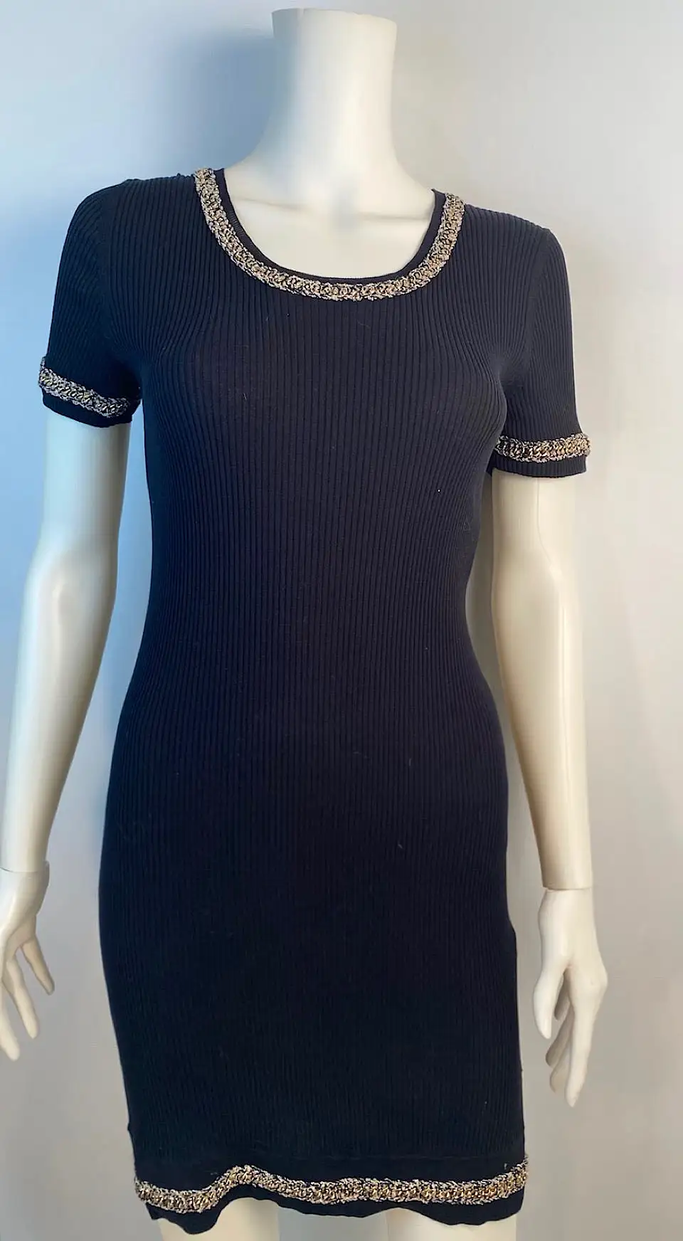 NWT Chanel 10P, 2010 Spring black gold trim chain dress FR 38