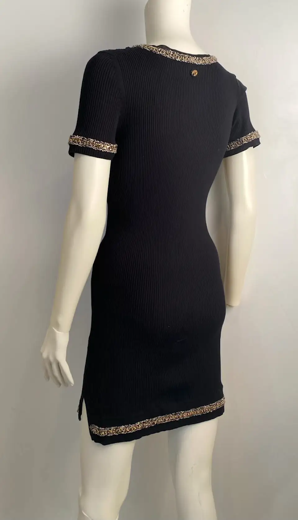 NWT Chanel 10P, 2010 Spring black gold trim chain dress FR 38