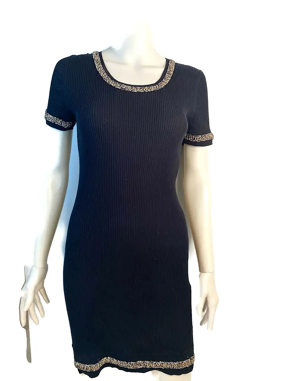 NWT Chanel 10P, 2010 Spring black gold trim chain dress FR 38