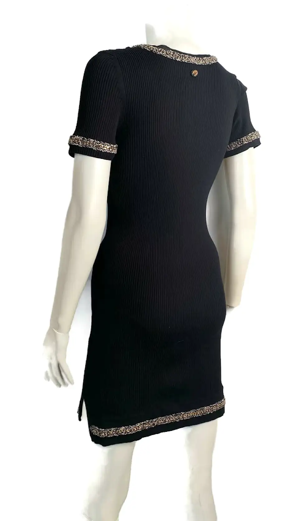 NWT Chanel 10P, 2010 Spring black gold trim chain dress FR 38