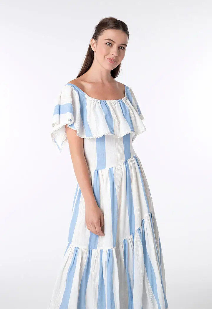 Off Shoulder A-Line Striped Dress