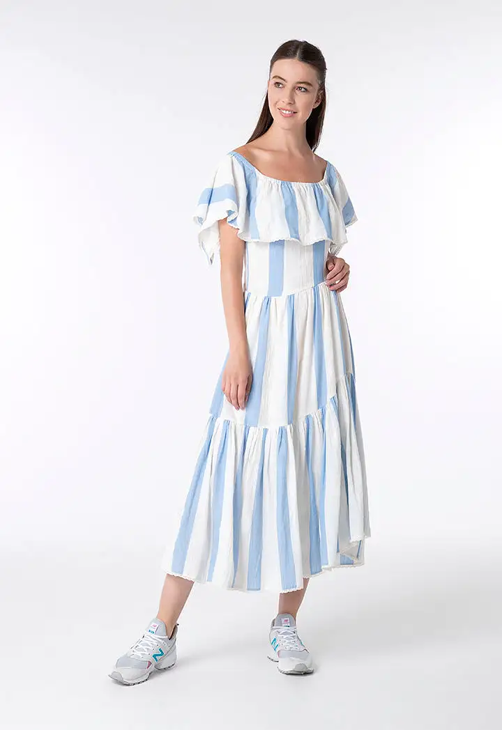 Off Shoulder A-Line Striped Dress