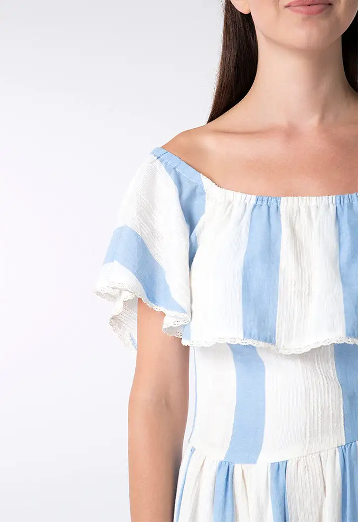 Off Shoulder A-Line Striped Dress