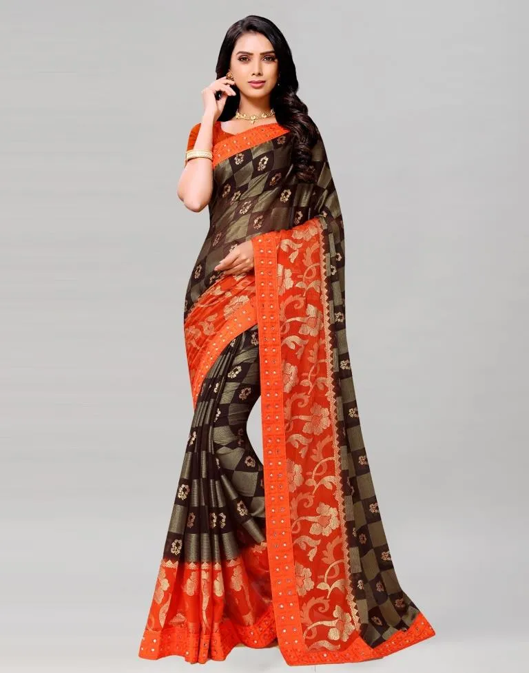 Orange Coloured Brasso Embroidered Partywear saree