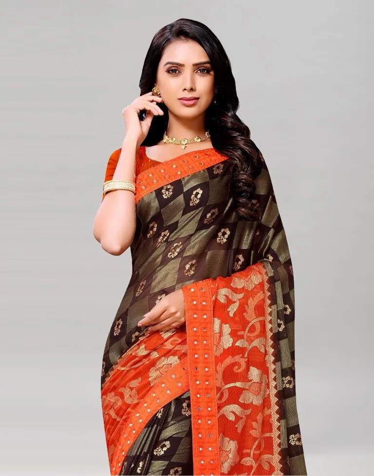 Orange Coloured Brasso Embroidered Partywear saree