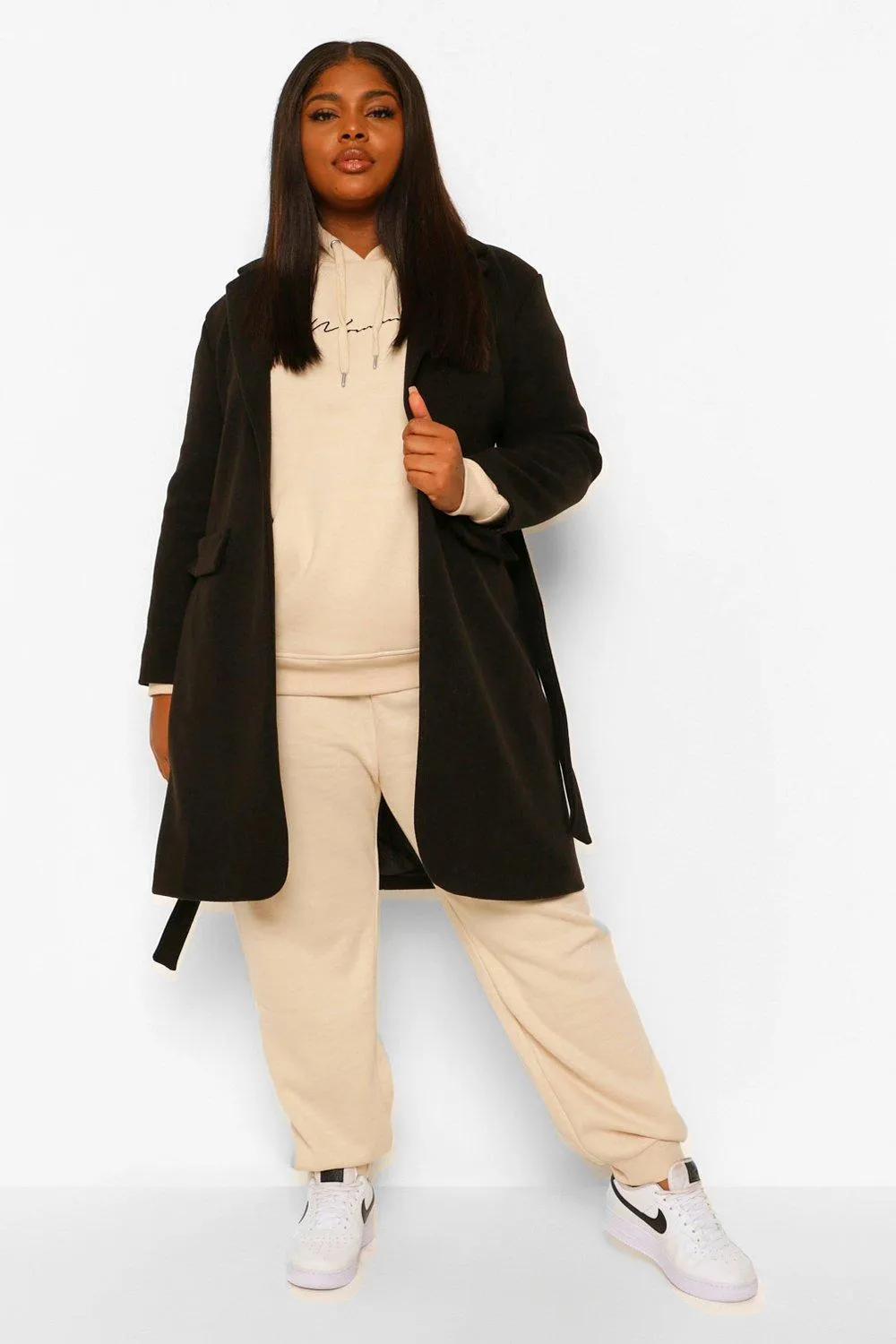 Plus Belted Button Up Wool Look Coat