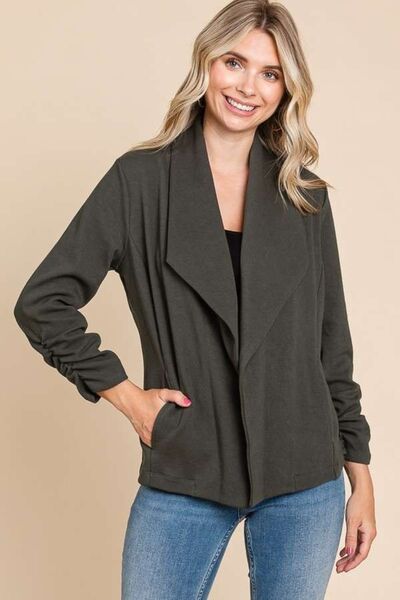 Ruched Open Front Long Sleeve Jacket