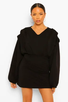 Seam Detail Balloon Sleeve V Neck Sweater Dress