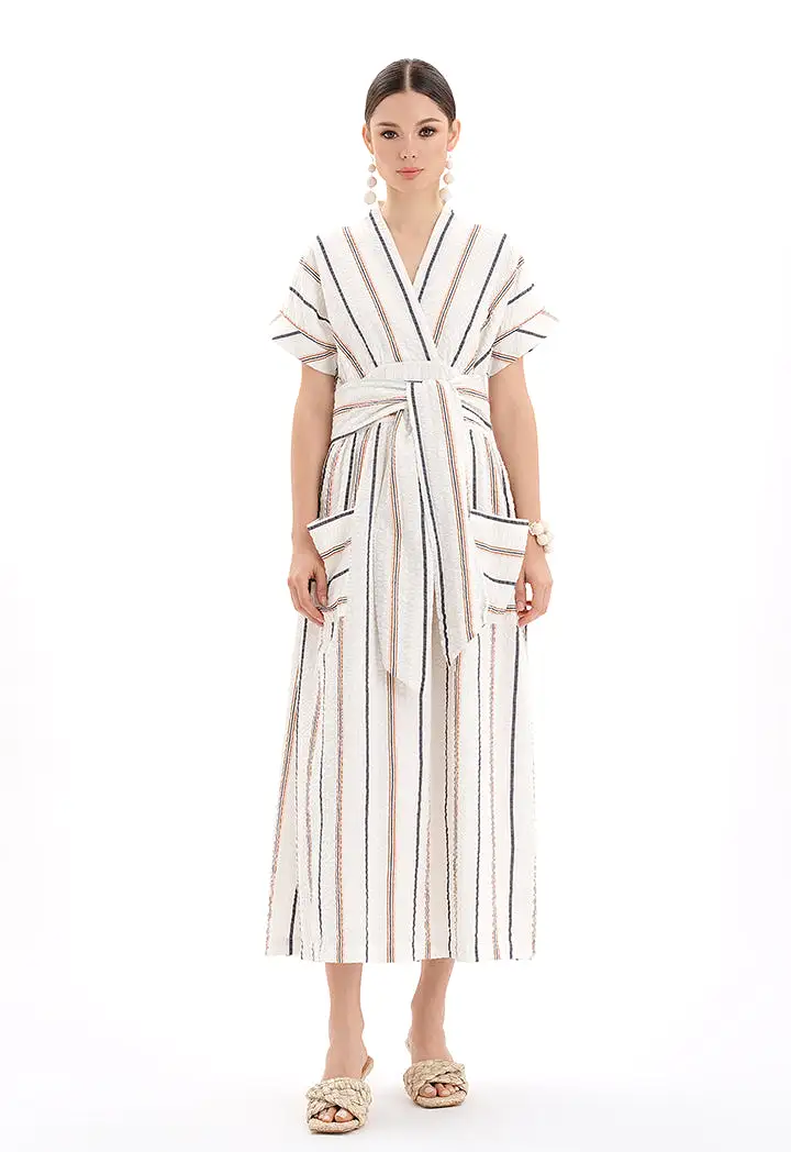 Short Sleeves V-Neck Striped Maxi Dress - Ramadan Style