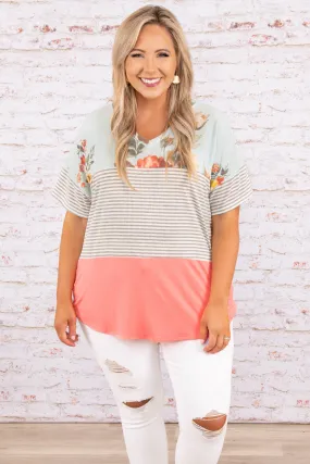 Summer Blossom Top, Sage-Coral