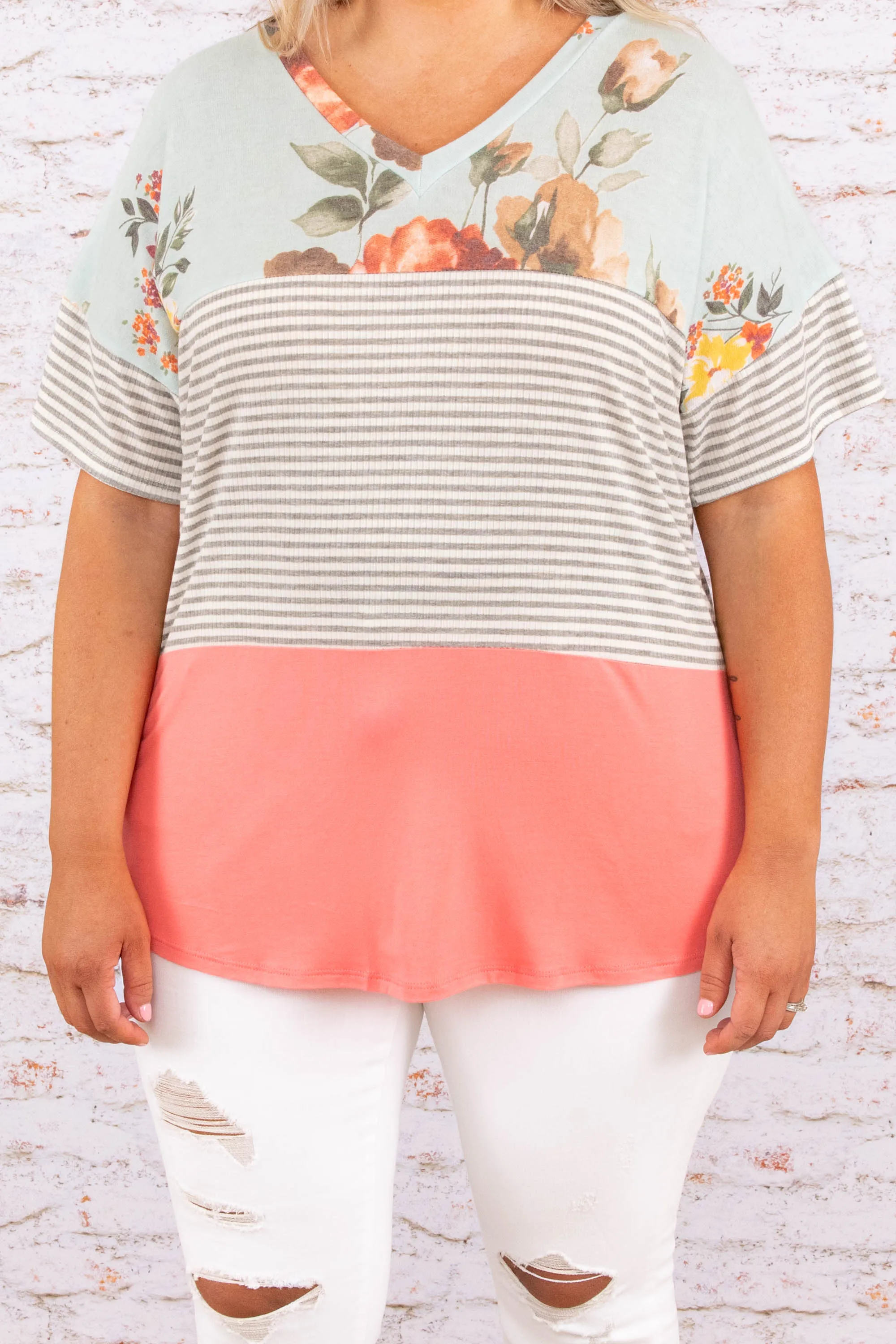 Summer Blossom Top, Sage-Coral