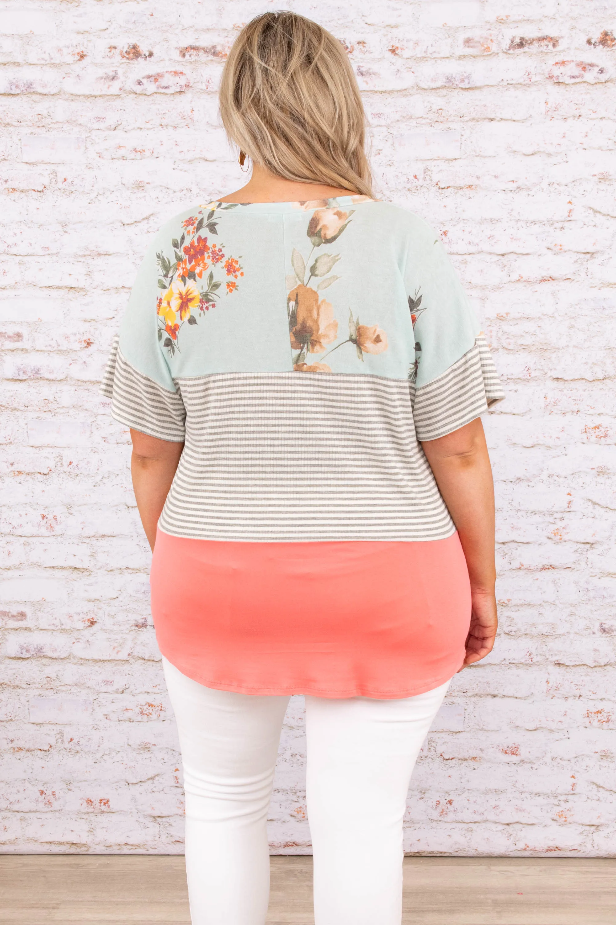 Summer Blossom Top, Sage-Coral