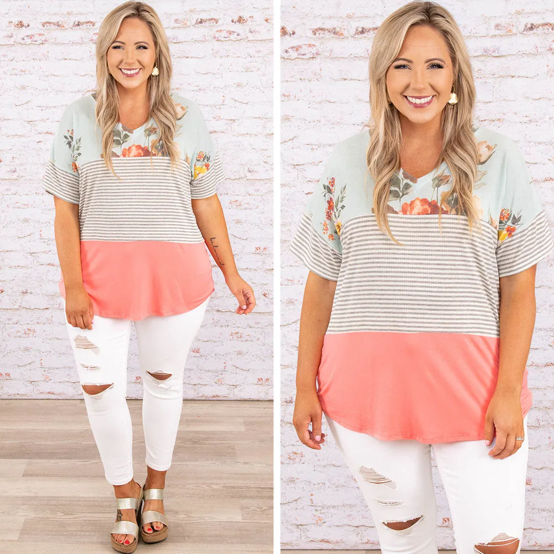 Summer Blossom Top, Sage-Coral