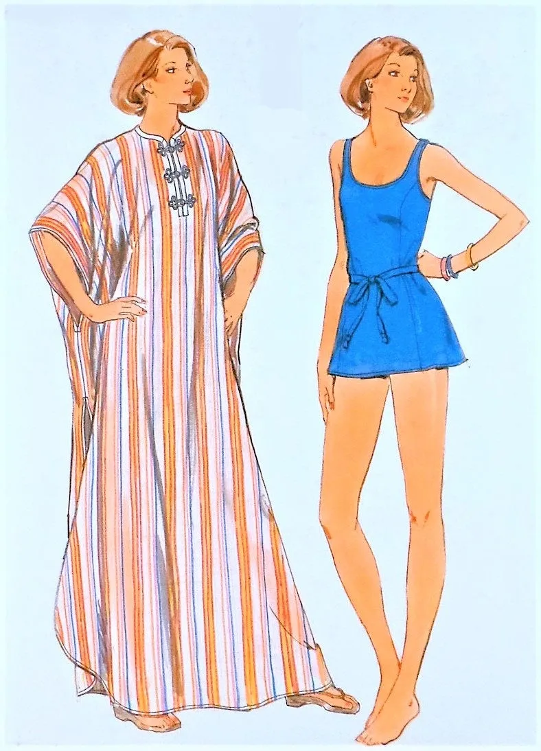 VINTAGE 70s Skirted Swimsuit and Pullover Caftan Pattern BUTTERICK 4863 Evening Length MAXI Lounging Beach Robe Bust 45-47 Vinta