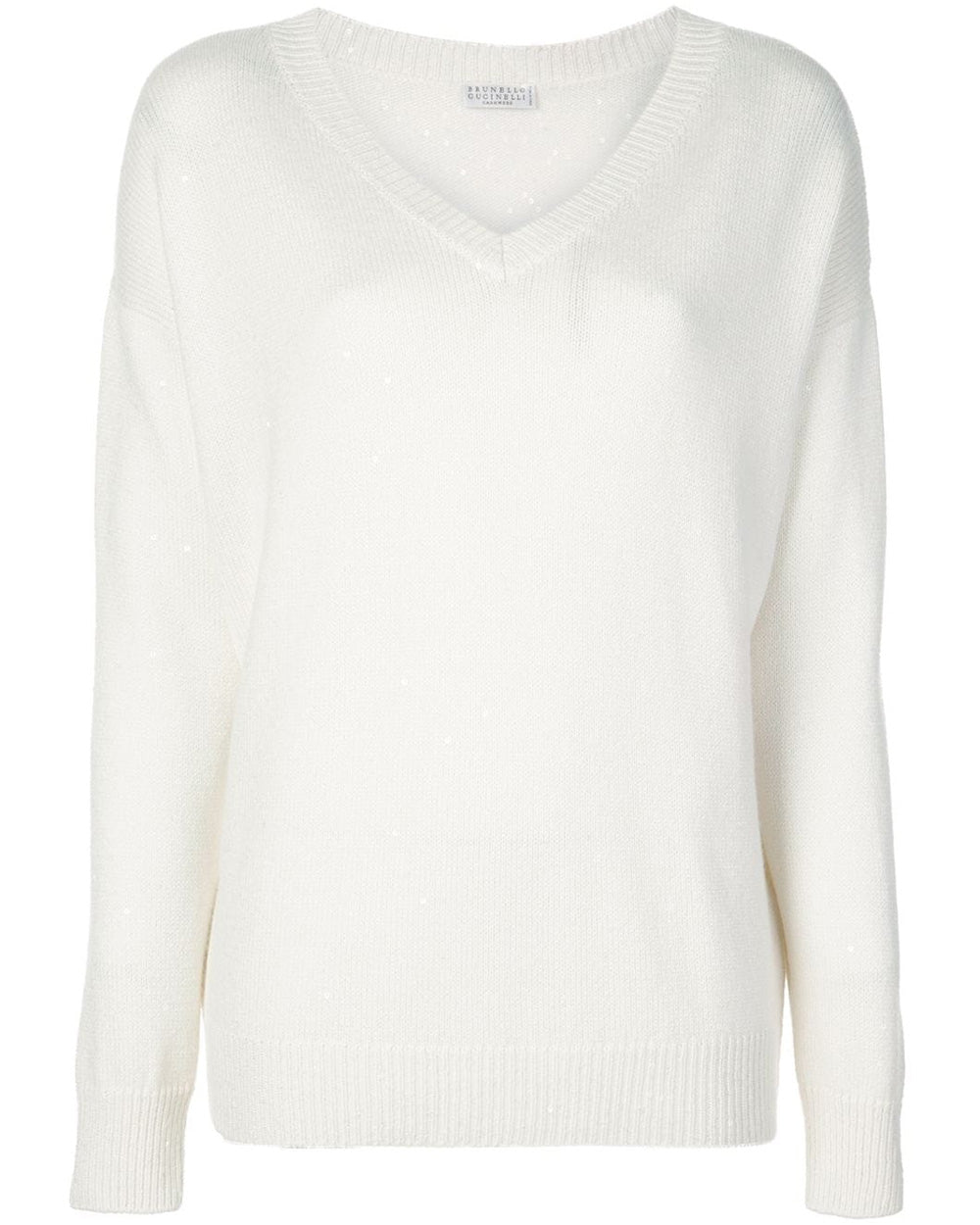 White Cashmere Paillette V Neck Sweater