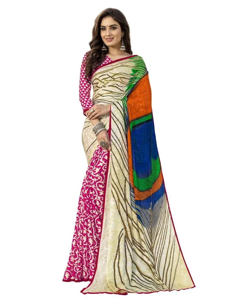 White Coloured Silk Crepe Embellished Partywear saree