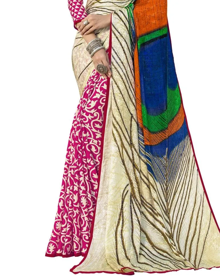 White Coloured Silk Crepe Embellished Partywear saree