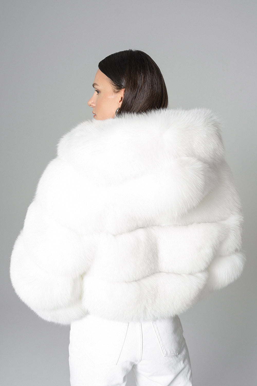 White Hooded Arctic Fox Raccoon Fur Jacket