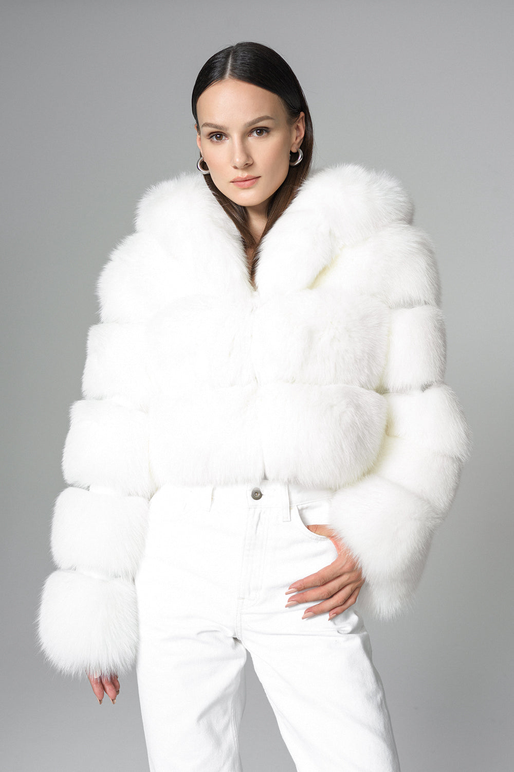 White Hooded Arctic Fox Raccoon Fur Jacket