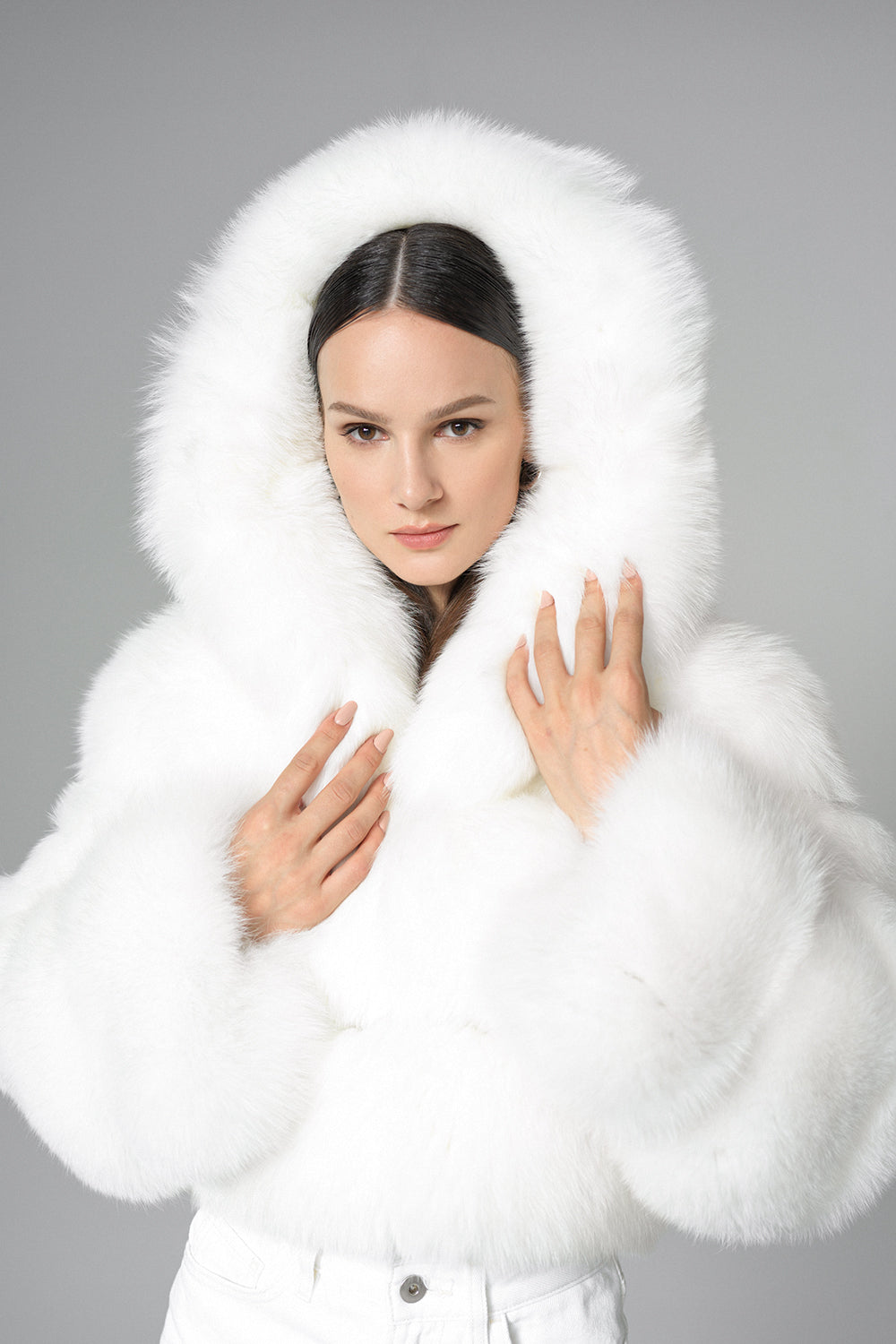 White Hooded Arctic Fox Raccoon Fur Jacket