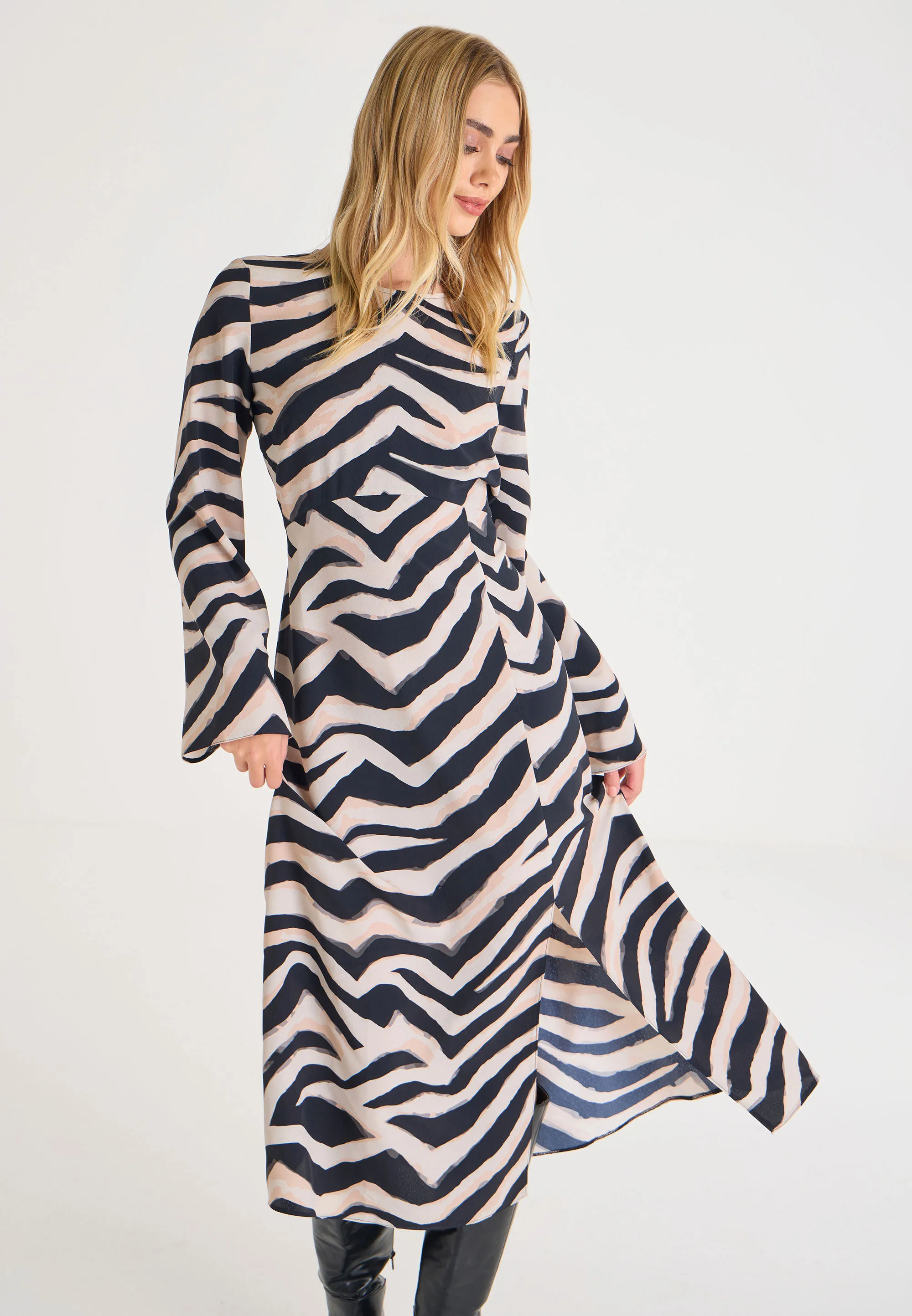 Womens Black & Cream Zebra Midi Dress