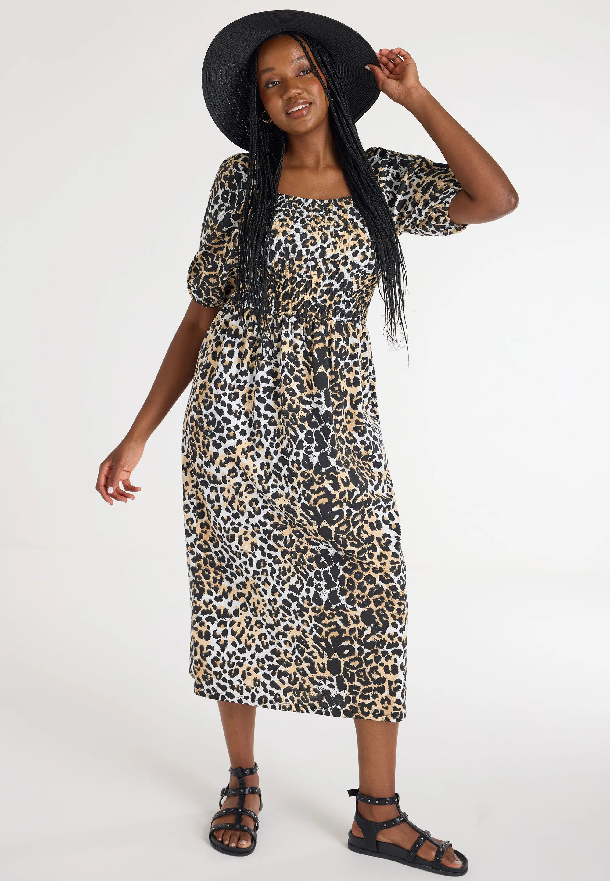 Womens Black & Tan Animal Print Dress