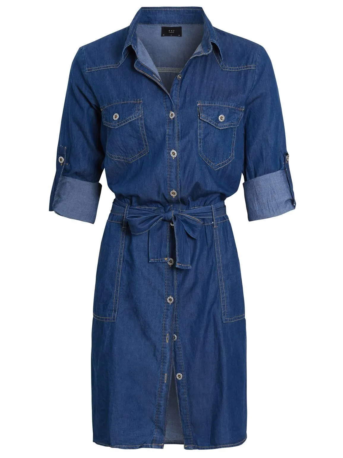 Womens Cotton Blend Denim Shirt Dress, Mid Blue, UK Sizes 8 to 16