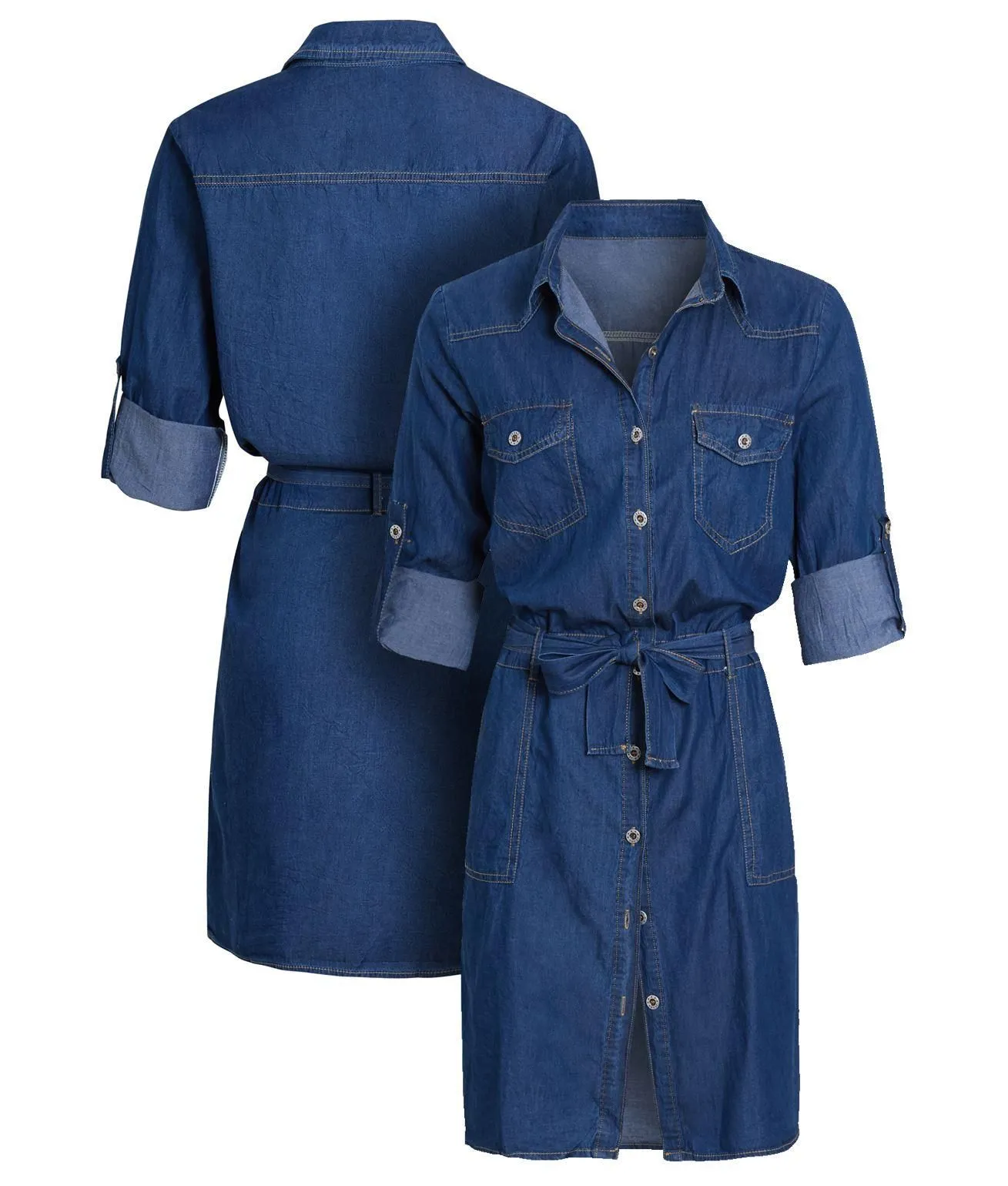 Womens Cotton Blend Denim Shirt Dress, Mid Blue, UK Sizes 8 to 16