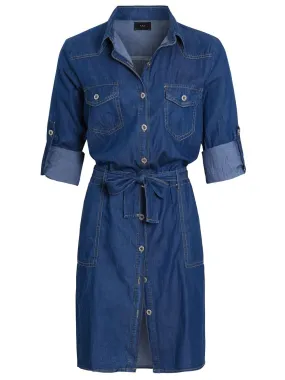 Womens Cotton Blend Denim Shirt Dress, Mid Blue, UK Sizes 8 to 16