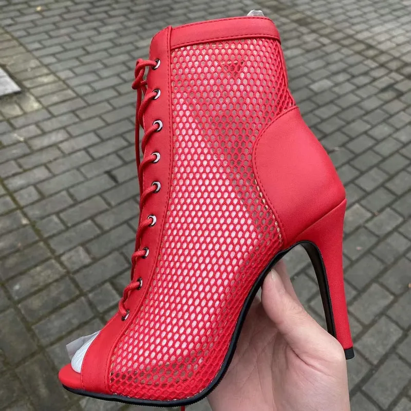 Women's Indoor Dance Sexy Air mesh Peep Toe High Heel Party Boot Shoes