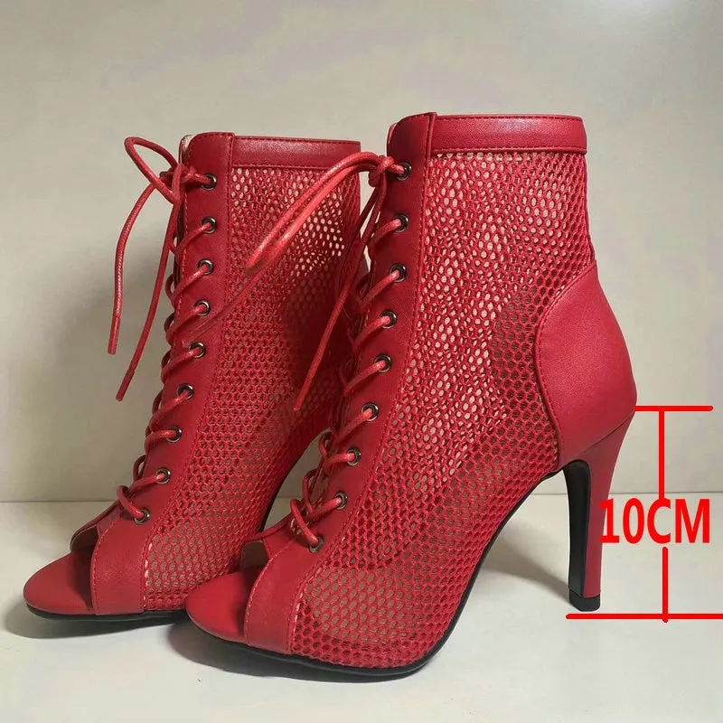 Women's Indoor Dance Sexy Air mesh Peep Toe High Heel Party Boot Shoes