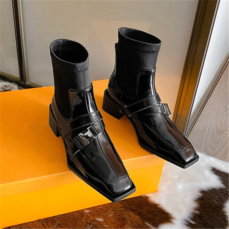 Women's Retro Style Patchwork Slip-on Belt Buckle Square Toe Ankle Boots