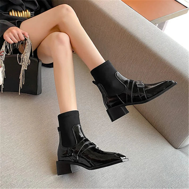 Women's Retro Style Patchwork Slip-on Belt Buckle Square Toe Ankle Boots