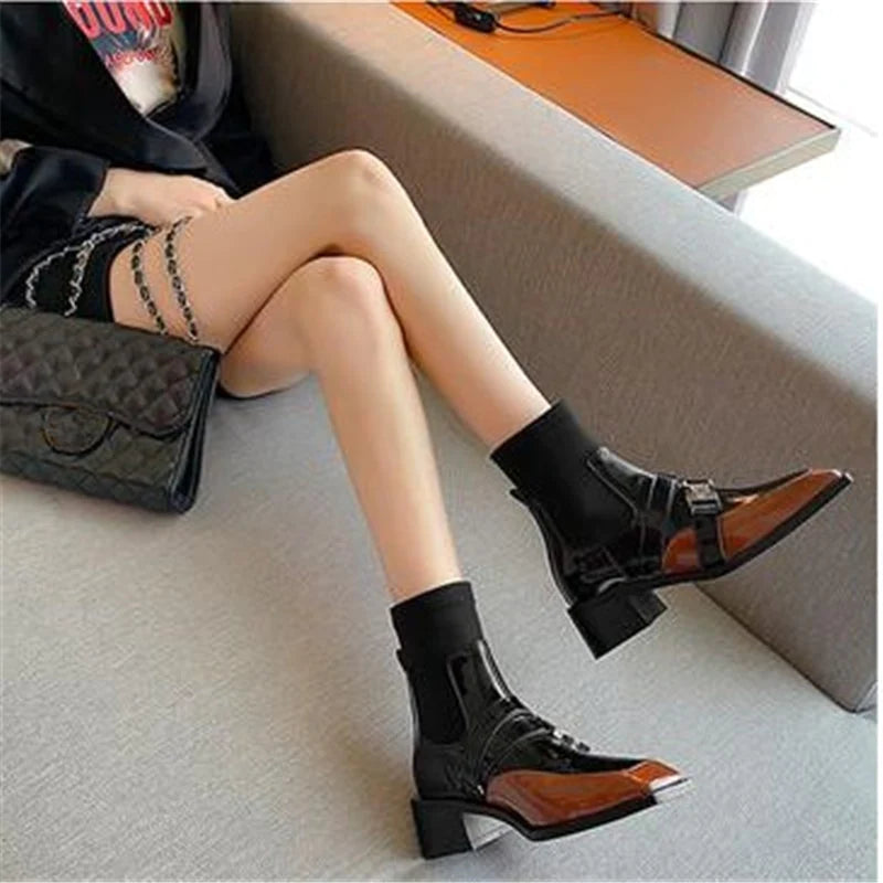 Women's Retro Style Patchwork Slip-on Belt Buckle Square Toe Ankle Boots