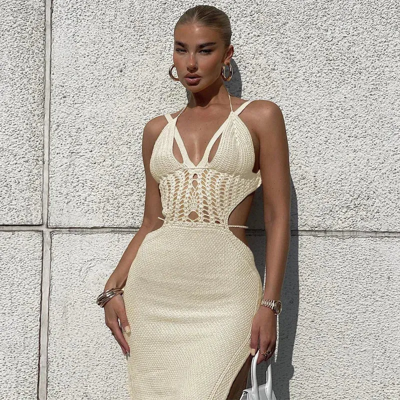 Women's Summer Sexy Knitted Cut-out Halter Backless Partywear Dress