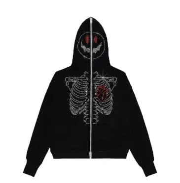 Y2K Happy Skull Rhinestone Hoodie